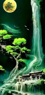 Moonlit waterfall with lush greenery and traditional structures in serene landscape.