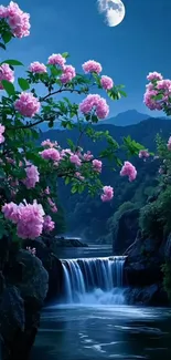 Moonlit waterfall with pink flowers and night sky.