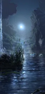 Serene moonlit waterfall with swans at night.