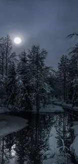 Moonlit winter forest reflection with icy pond under a glowing night sky.