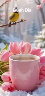 Pink coffee mug with tulips and a bird on a snowy branch.