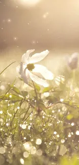 Serene meadow with morning dew and soft sunlight on flowers.