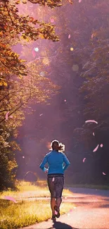 Jogger on sunlit forest path in autumn morning.