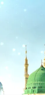 Green mosque dome under starry sky wallpaper.