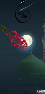 Night view of a mosque with full moon and flowers.