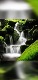 Moss-covered waterfall cascading over rocks in a tranquil setting.