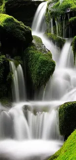 Lush mossy waterfall on rocky terrain, exuding tranquility and nature's beauty.