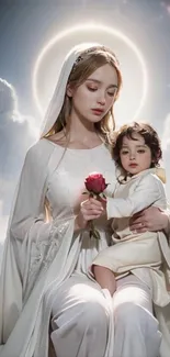 A serene mother and child in a heavenly setting with a glowing background.