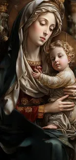 Serene artwork of mother and child in classic style.