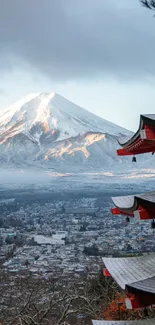 Stunning view of Mount Fuji with traditional Japanese architecture.