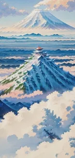 Artistic depiction of a snow-capped mountain with clouds.