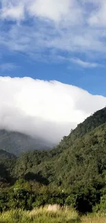 Mobile wallpaper of lush mountains and a cloudy sky.