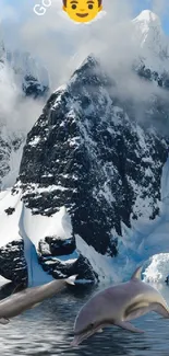 Majestic mountains with dolphins and serene sky.