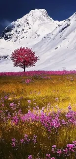 Snow-capped mountain with pink flower field.