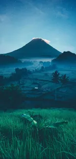 Majestic mountain under starry night sky