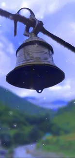 Rustic bell against a serene mountain background.