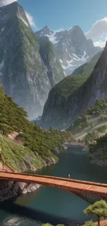 Serene valley and bridge with towering mountains.