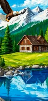 A scenic wallpaper of a cabin, lake, mountains, and a soaring eagle.