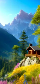 Serene cabin nestled in lush mountains with vibrant flowers.