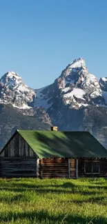 Rustic cabin with green roof against majestic mountain background.