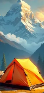 A vibrant orange tent set against a snowy mountain backdrop under a serene sky.