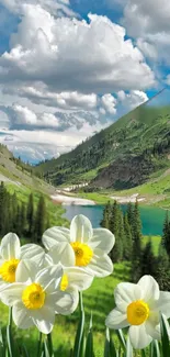 Serene landscape with mountains, daffodils, and a lake under a cloudy sky.