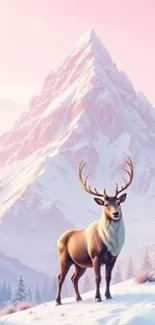 Majestic deer standing in snowy mountain landscape with pastel colors.