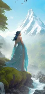 Woman in blue dress standing by mountain waterfall under clear sky.