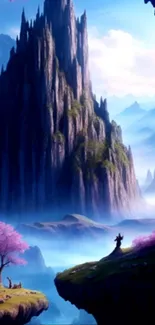 Fantasy wallpaper with mountains and cherry blossoms in vibrant colors.