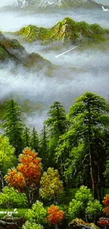 Serene mountain landscape with fog and colorful trees