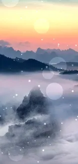 Scenic mountain landscape with fog at sunrise, perfect for a peaceful wallpaper.