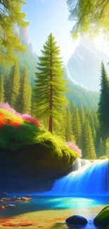 Vibrant waterfall in a sunlit mountain forest with lush greenery.