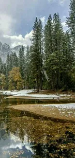 Mountain forest with reflective lake and autumn trees wallpaper.