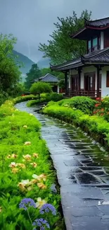 Serene garden path with lush greenery and traditional house.