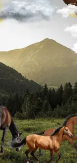 Horses graze in a lush meadow beneath a majestic mountain and an eagle flies overhead.