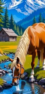 A horse drinking from a stream with a mountain cabin in the background.