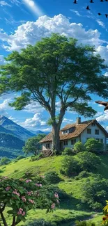 Mountainous landscape with house under a large tree.