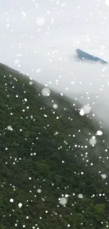 Mountain peak covered in lush greenery and soft snowfall.