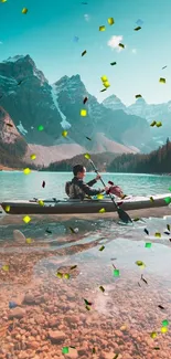 Kayaker on a serene mountain lake with stunning peaks in the background.