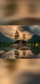 Mountain lake at dusk with lightning and reflection.