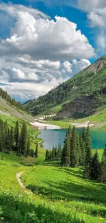 Scenic view of mountain lake with lush green forest under a blue sky.