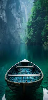 Serene mountain lake with a wooden boat amid lush green trees.