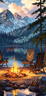 Serene mountain lake with campfire and forest.