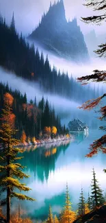 Serene mountain lake surrounded by misty autumn forests.