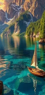 Sailboat on a serene mountain lake with towering peaks in the background.