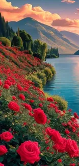 Serene mountain lake with red flowers and lush greenery in vibrant hues.