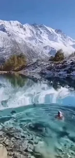 Pristine lake with snowy mountain reflection in tranquil setting.