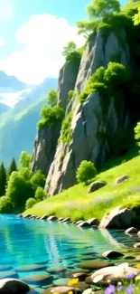 A serene mountain lake with lush greenery.