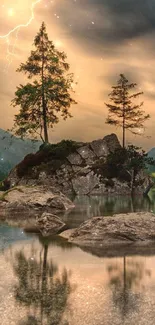 Serene mountain lake with trees and lightning in dramatic sky.