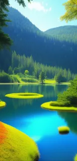 Serene lake with vibrant colors and lush forest background.